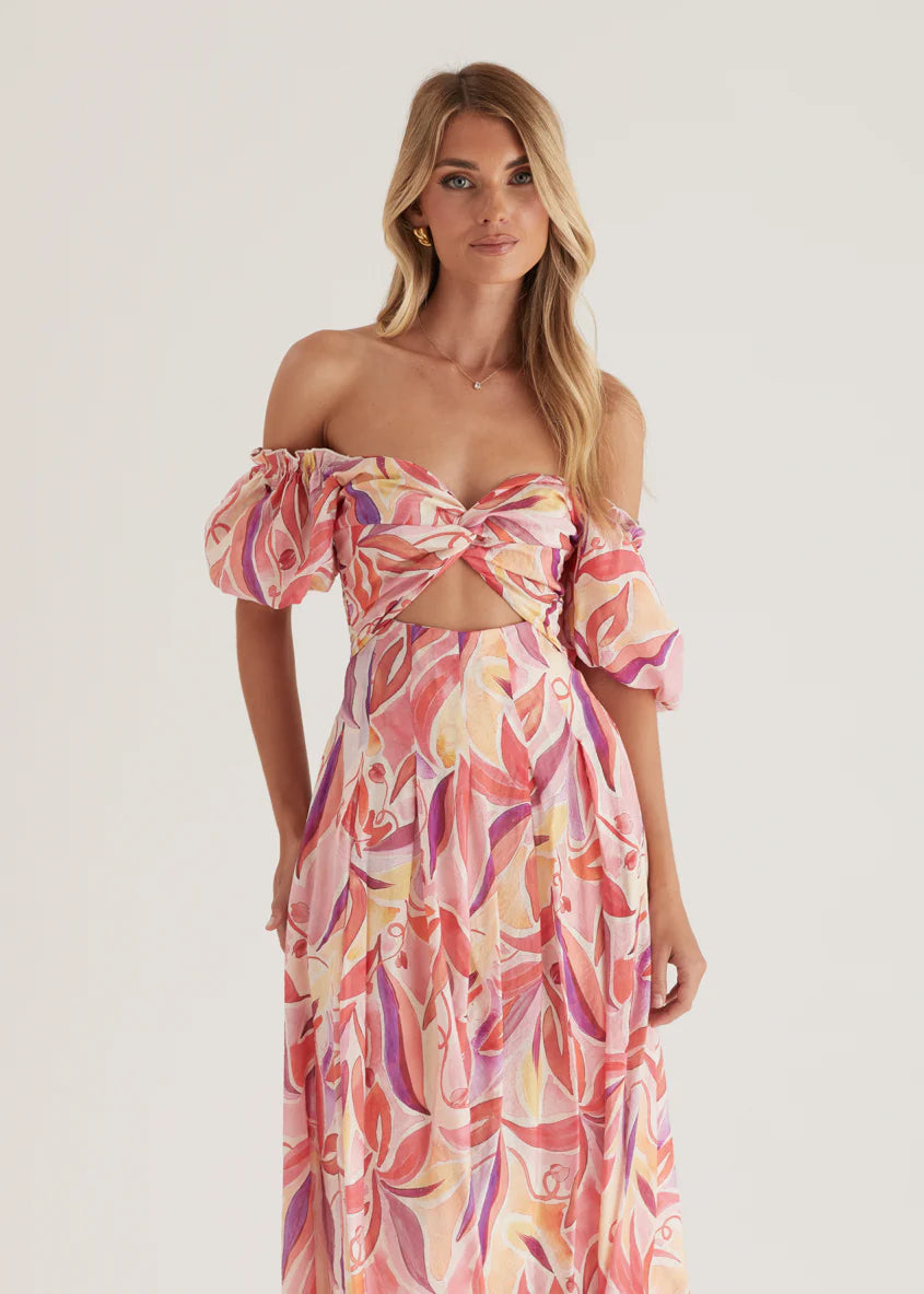 Bolero Off Shoulder Maxi Dress - Pink Abstract