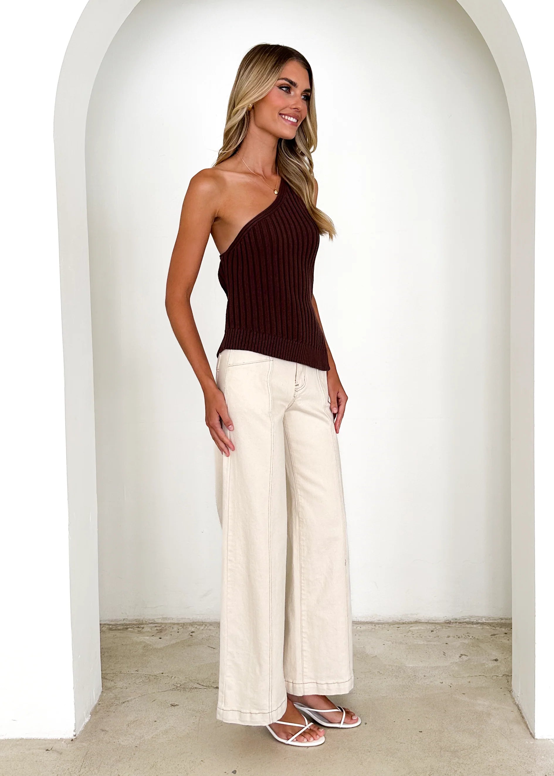 Natalee One Shoulder Knit Top - Chocolate