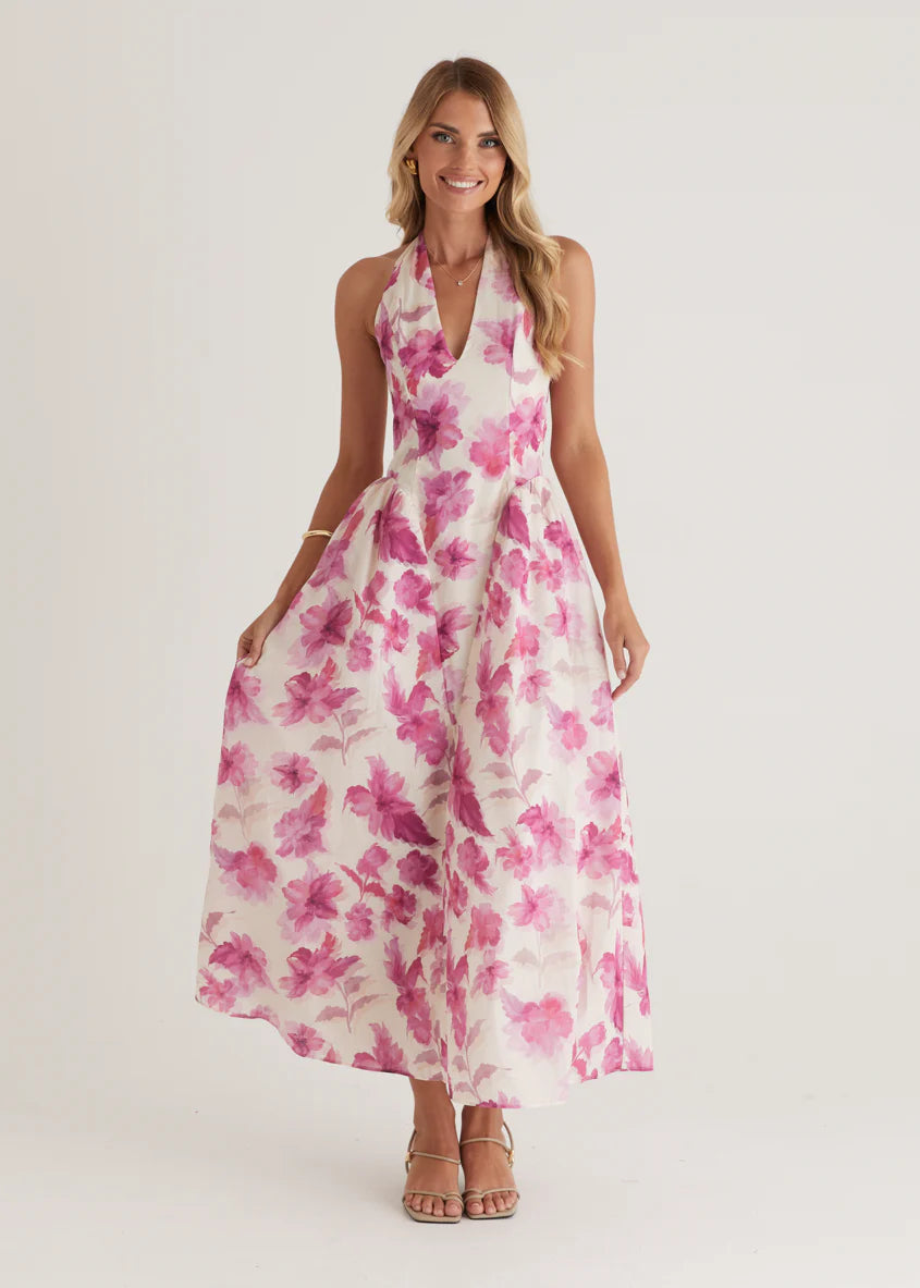 Faithless Halter Maxi Dress - Pink Flowers