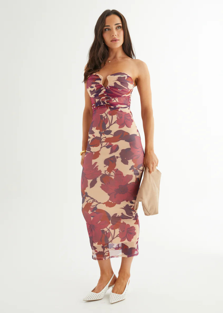 May Strapless Mesh Midi Dress - Mulberry Floral