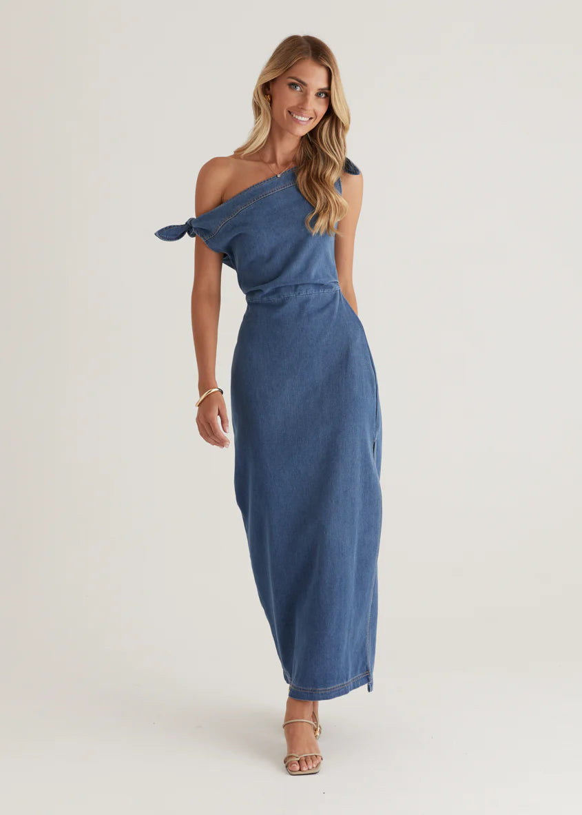 Sicilian One Shoulder Midi Dress - Mid Blue