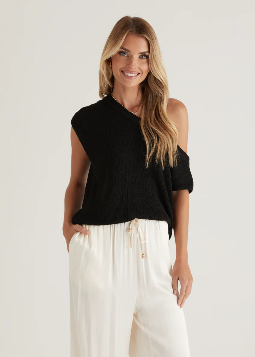 Casoni One Shoulder Knit Top - Black