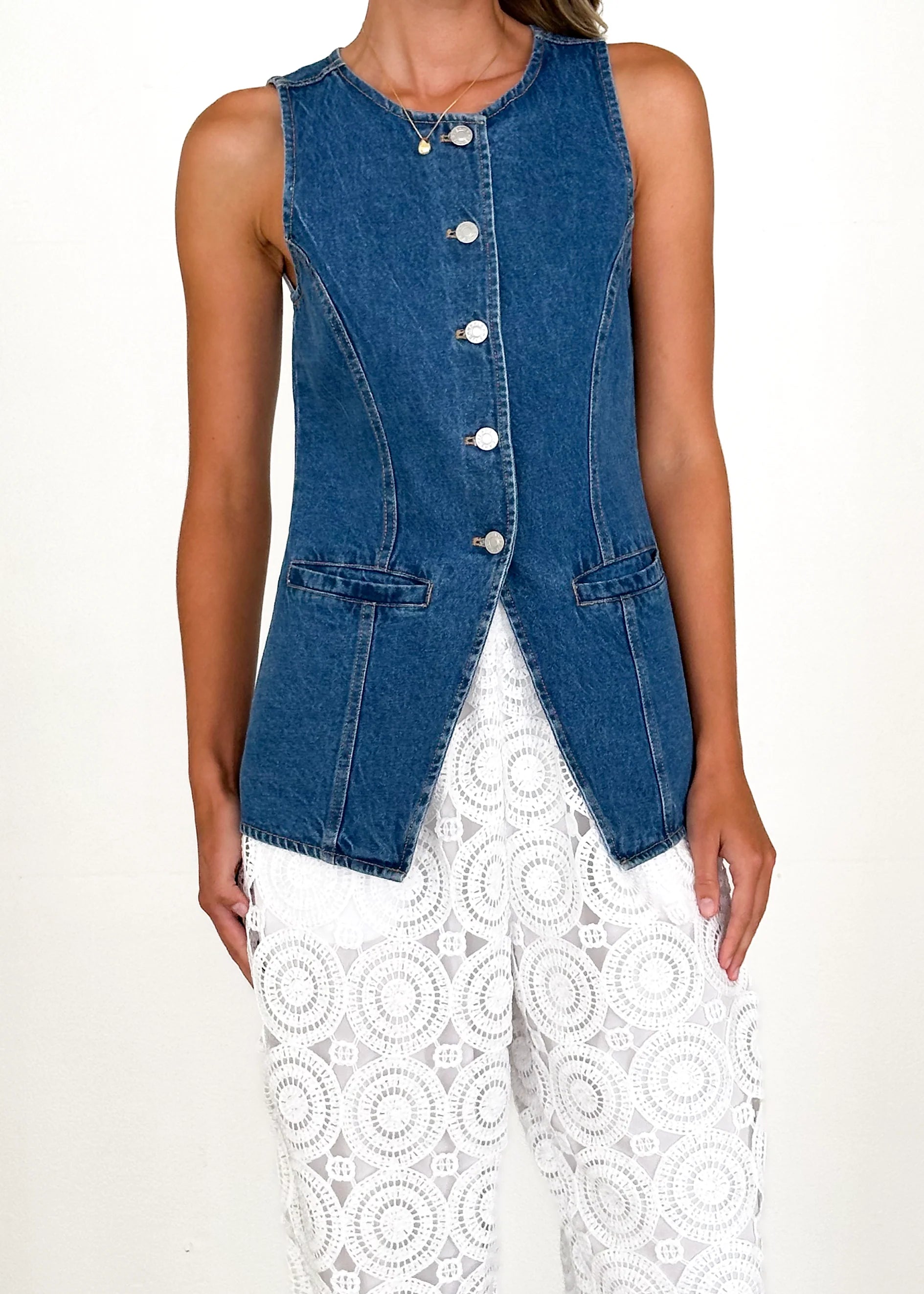 Sandra Denim Vest - Mid Blue