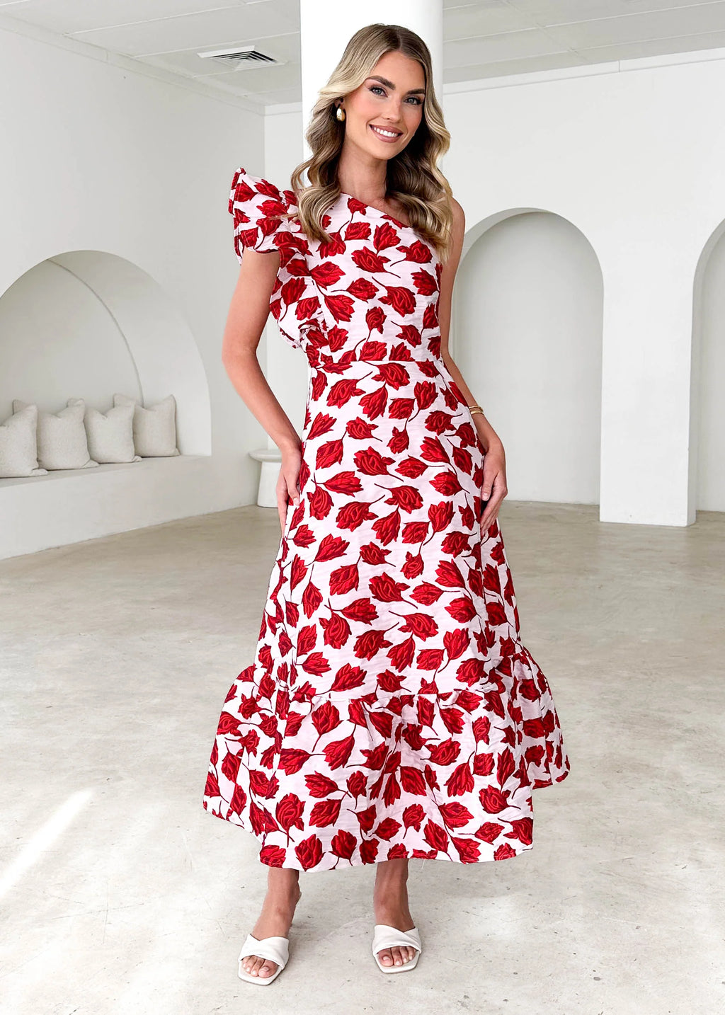 Florez One Shoulder Midi Dress - Red Rose