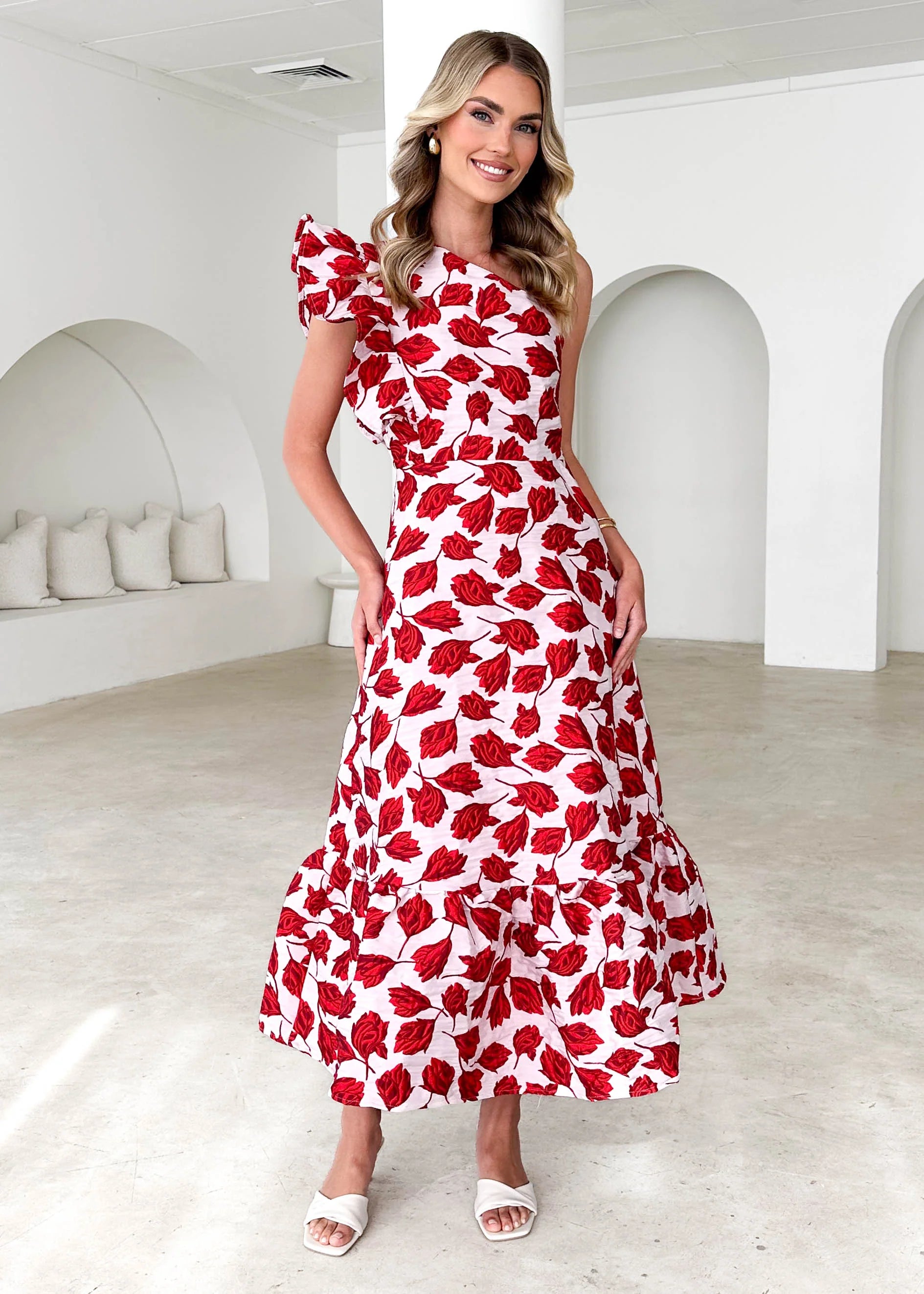 Florez One Shoulder Midi Dress - Red Rose