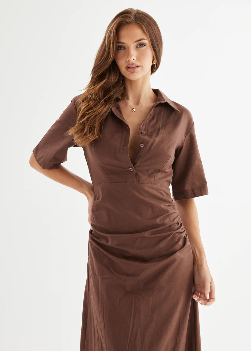 Stellar Linen Midi Dress - Espresso