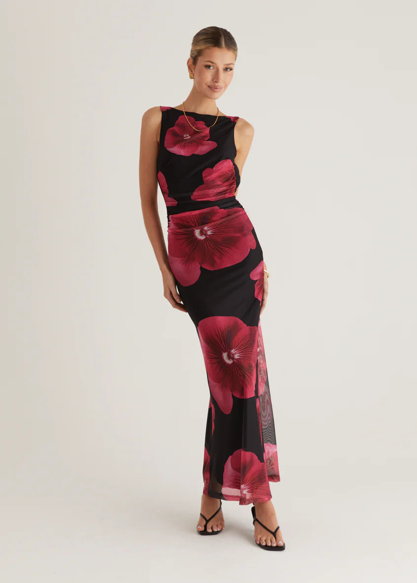 Rivka Mesh Maxi Dress - Black Floral