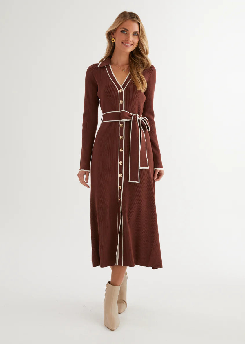 Stephanie Knit Midi Dress - Brown