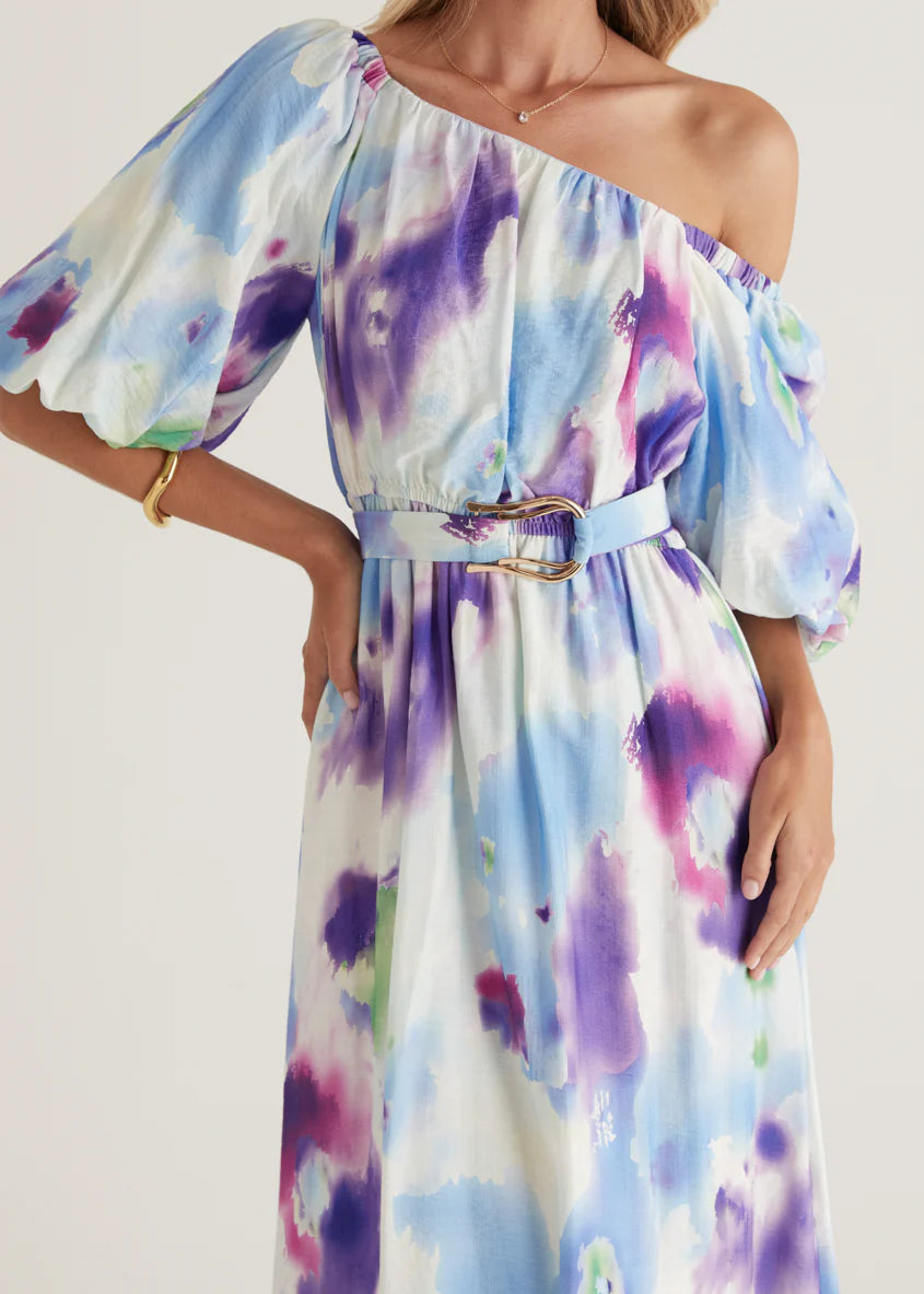 Halia Off Shoulder Midi Dress - Violet Watercolour