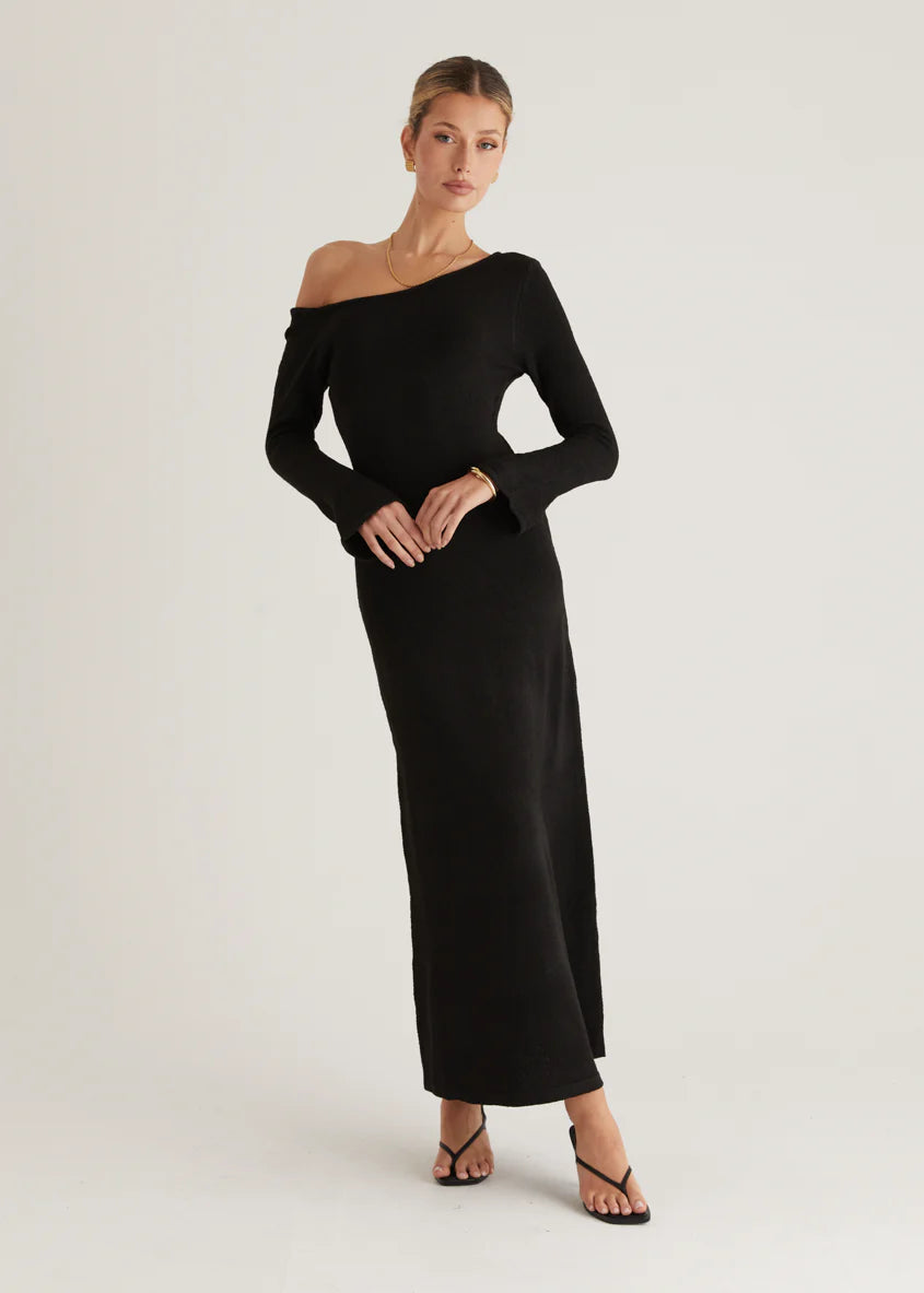 Loco One Shoulder Knit Maxi Dress - Black