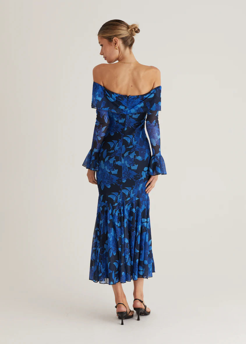 Linier Off Shoulder Mesh  Maxi Dress - Blue Floral
