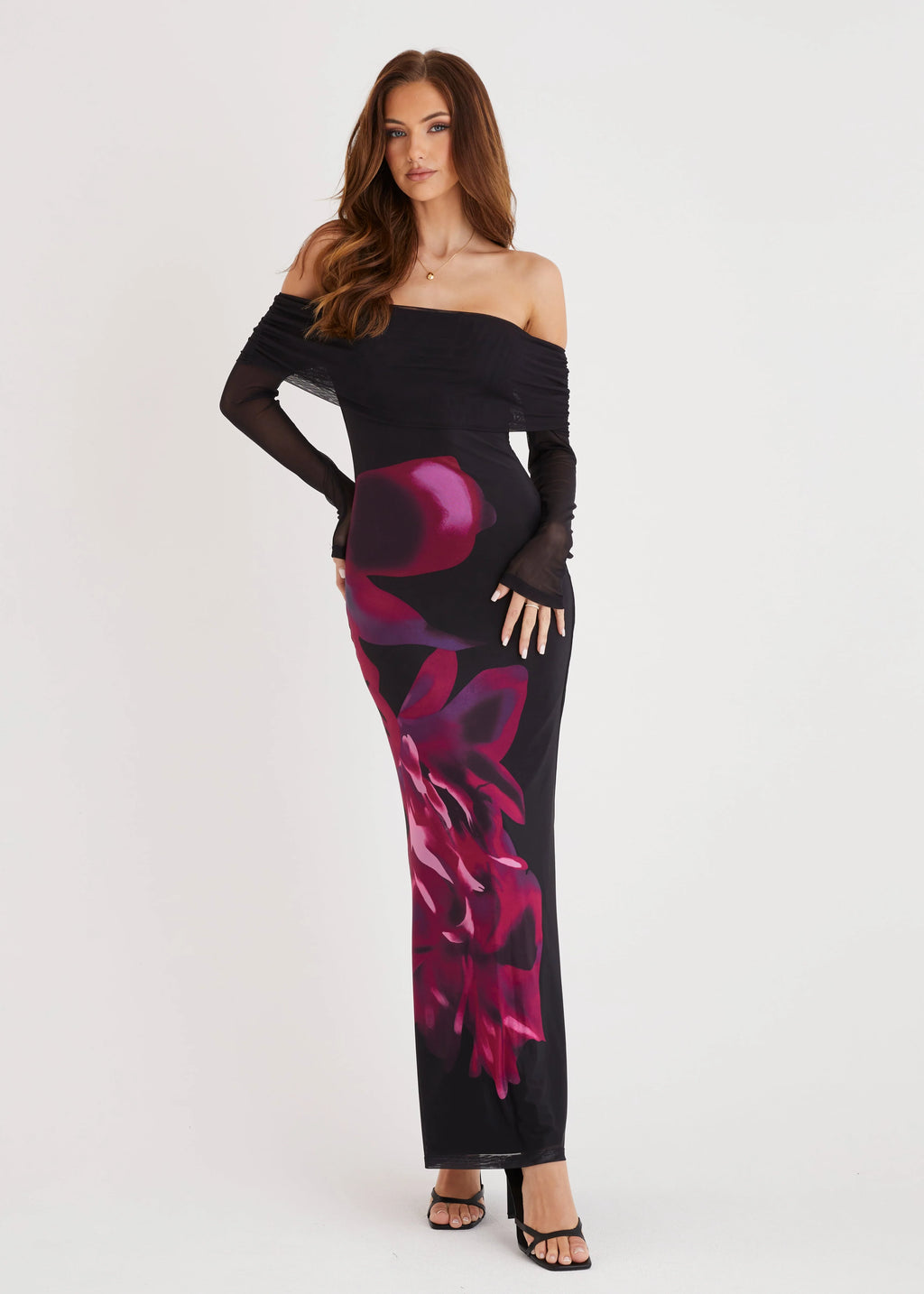 Slate Off Shoulder Mesh Maxi Dress - Black Floral