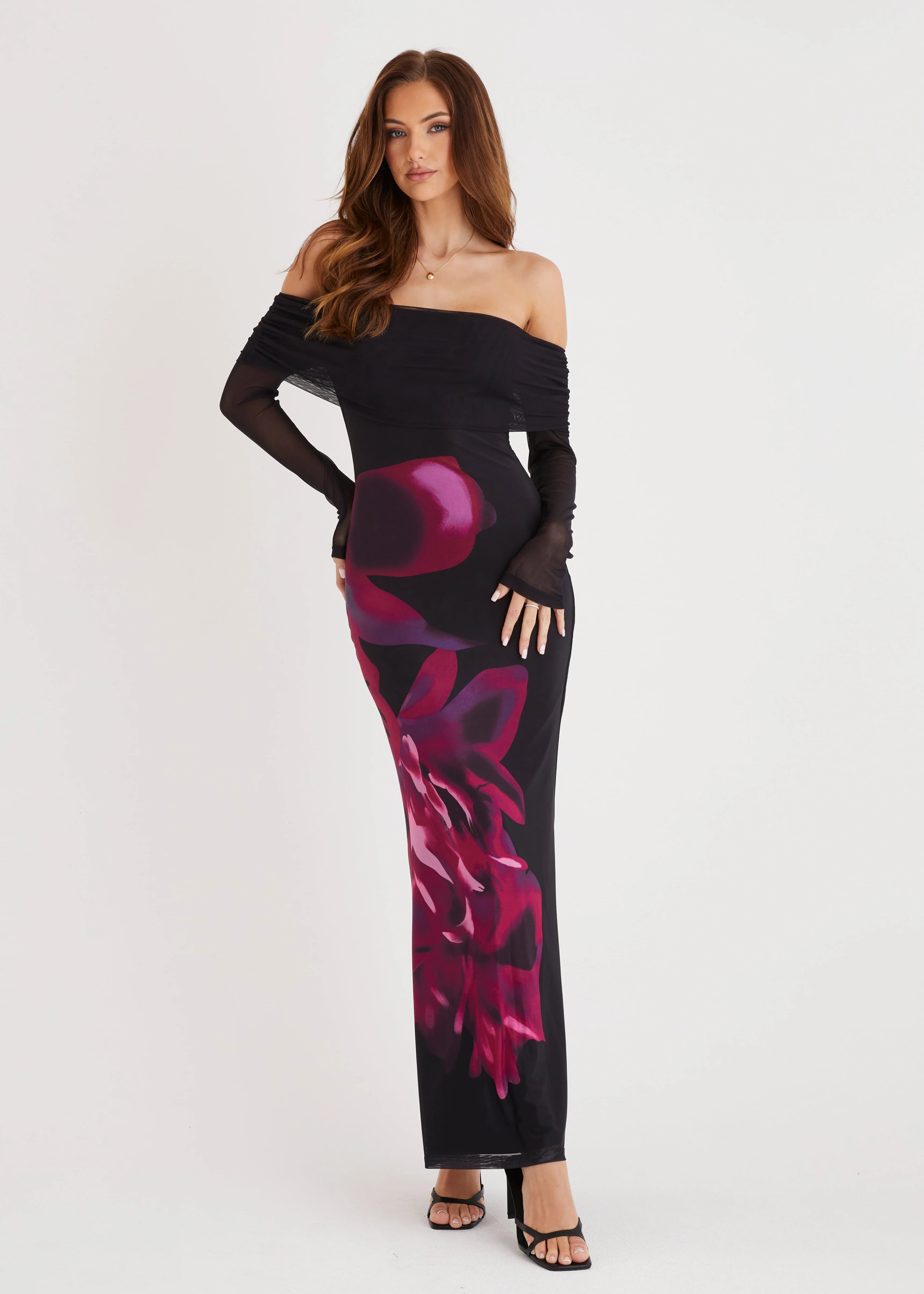 Slate Off Shoulder Mesh Maxi Dress - Black Floral