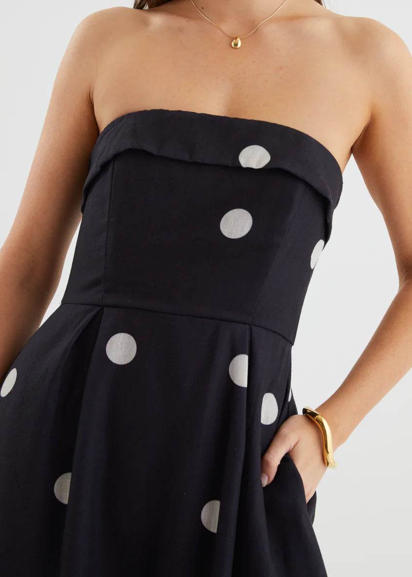 Charlee Strapless Midi Dress - Black Polka