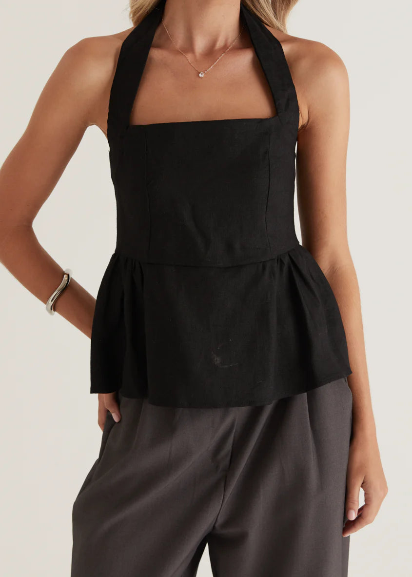 Lilou Halter Linen Top - Black