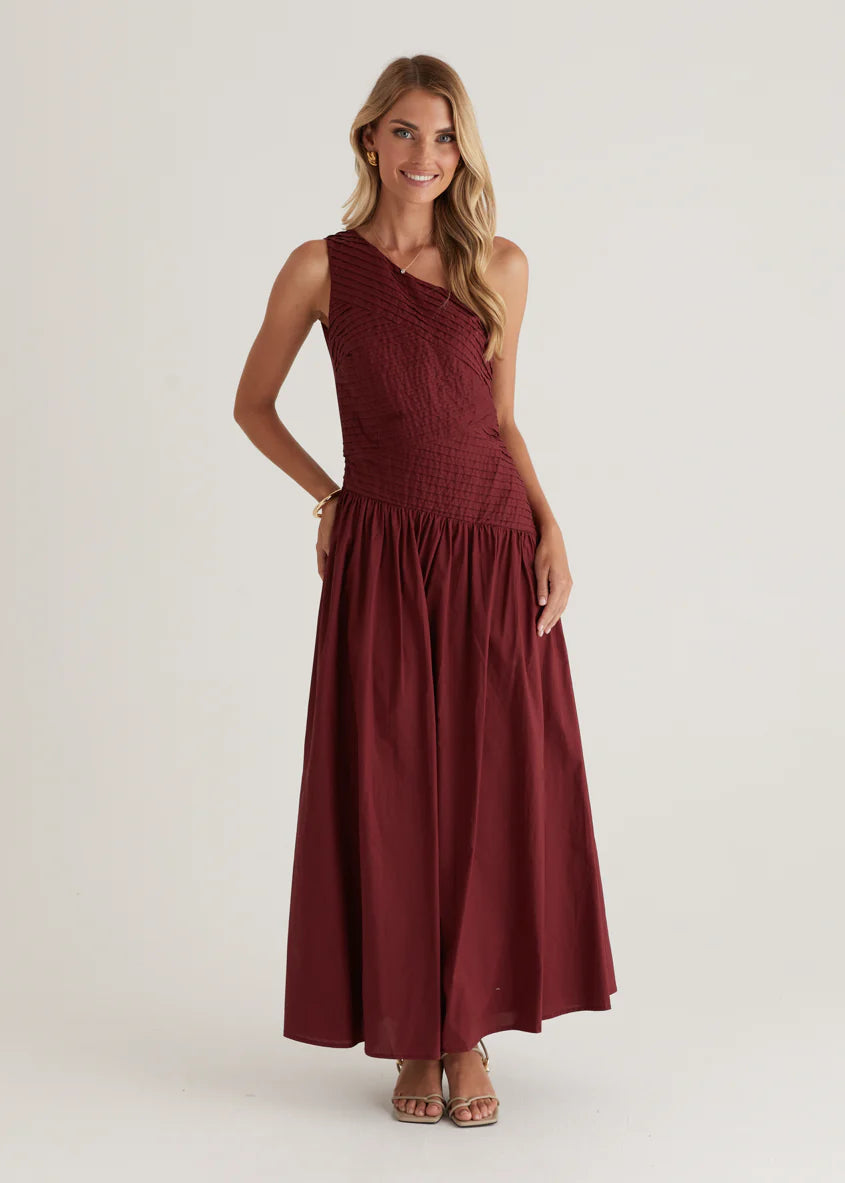 Tazzy One Shoulder Maxi Dress - Burgundy