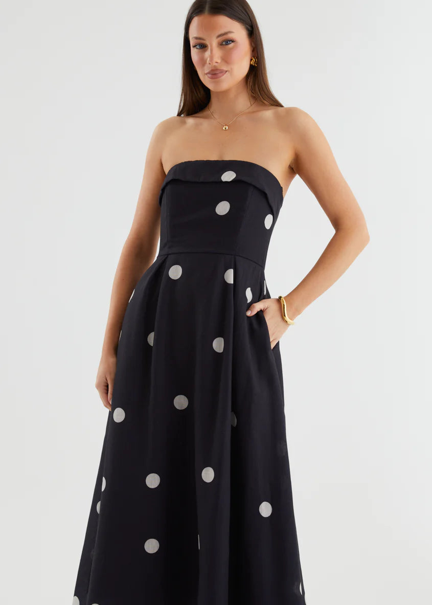Charlee Strapless Midi Dress - Black Polka