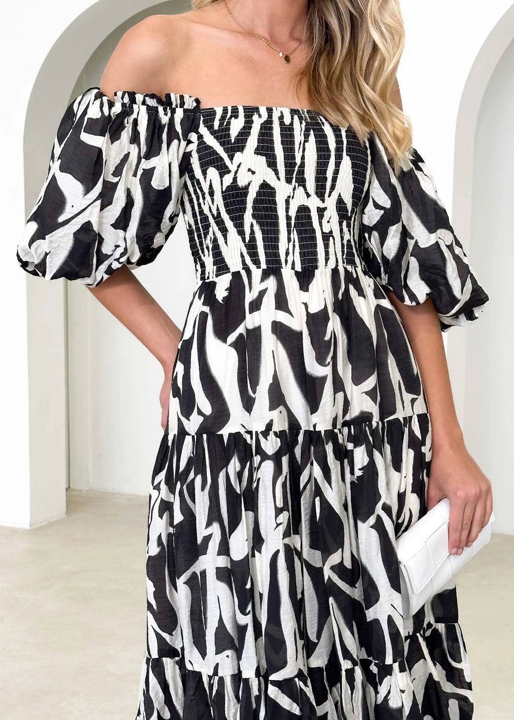 Irma Off Shoulder Midi Dress - Black Abstract