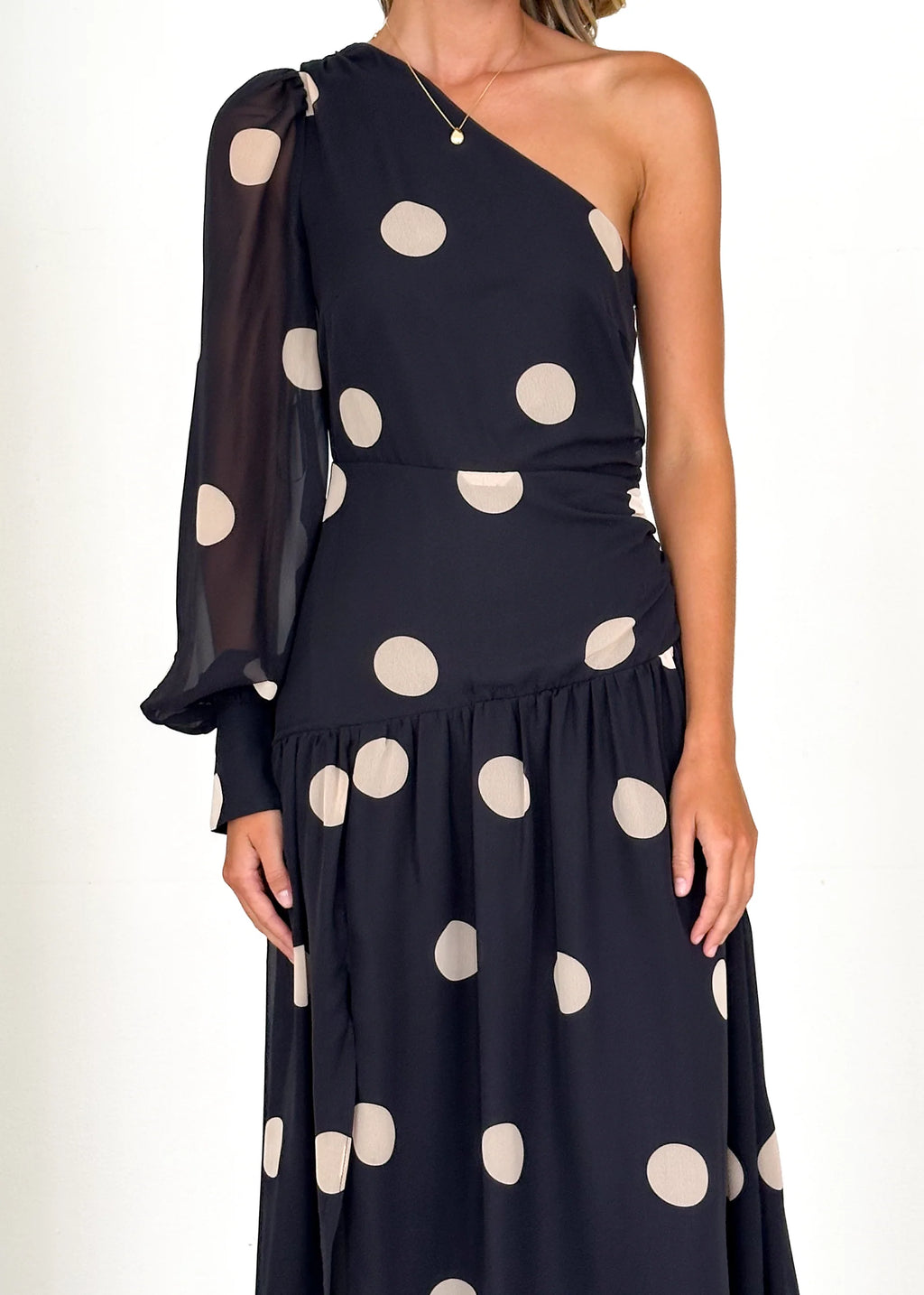 Ella One Shoulder Maxi Dress - Black Polka