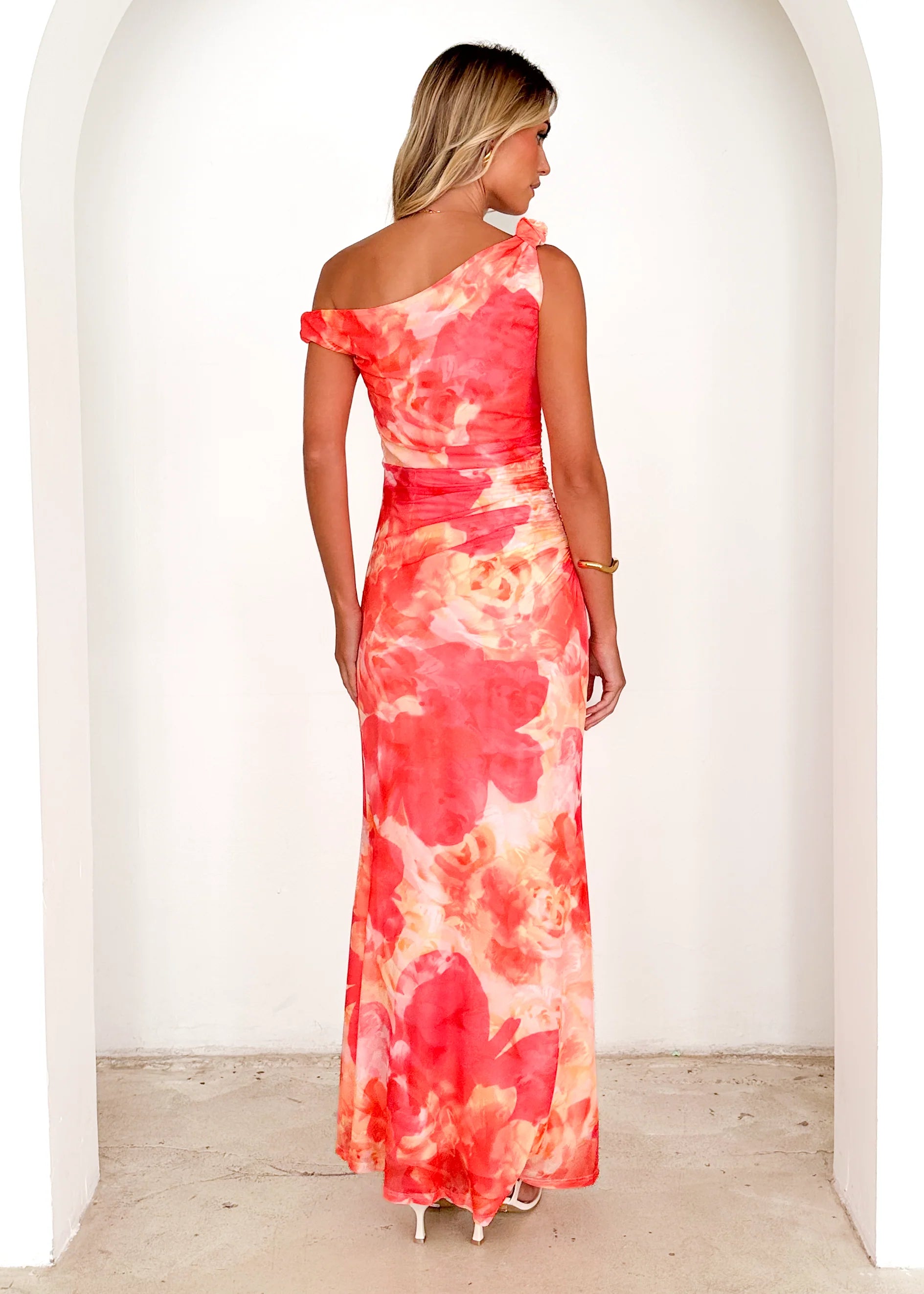 Ziah One Shoulder Mesh Maxi Dress - Magenta Abstract