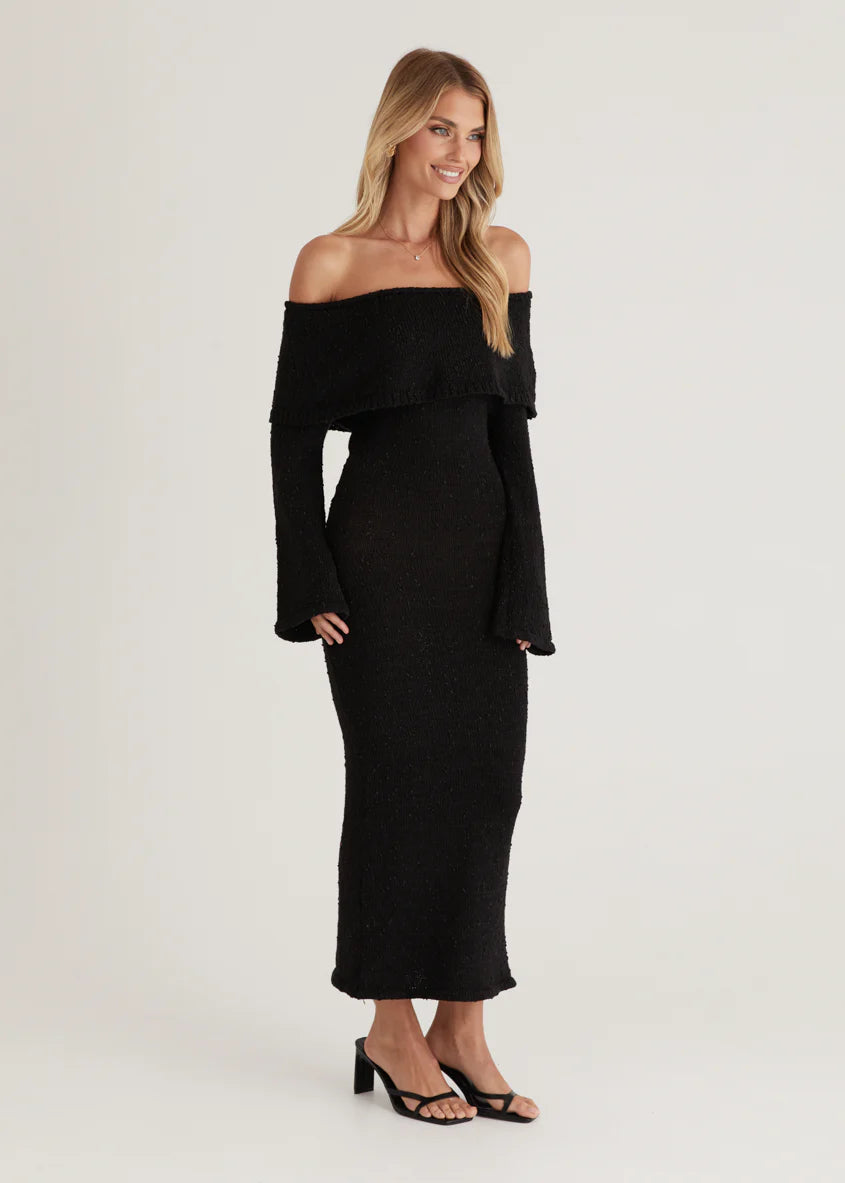 Sky Off Shoulder Knit Midi Dress - Black