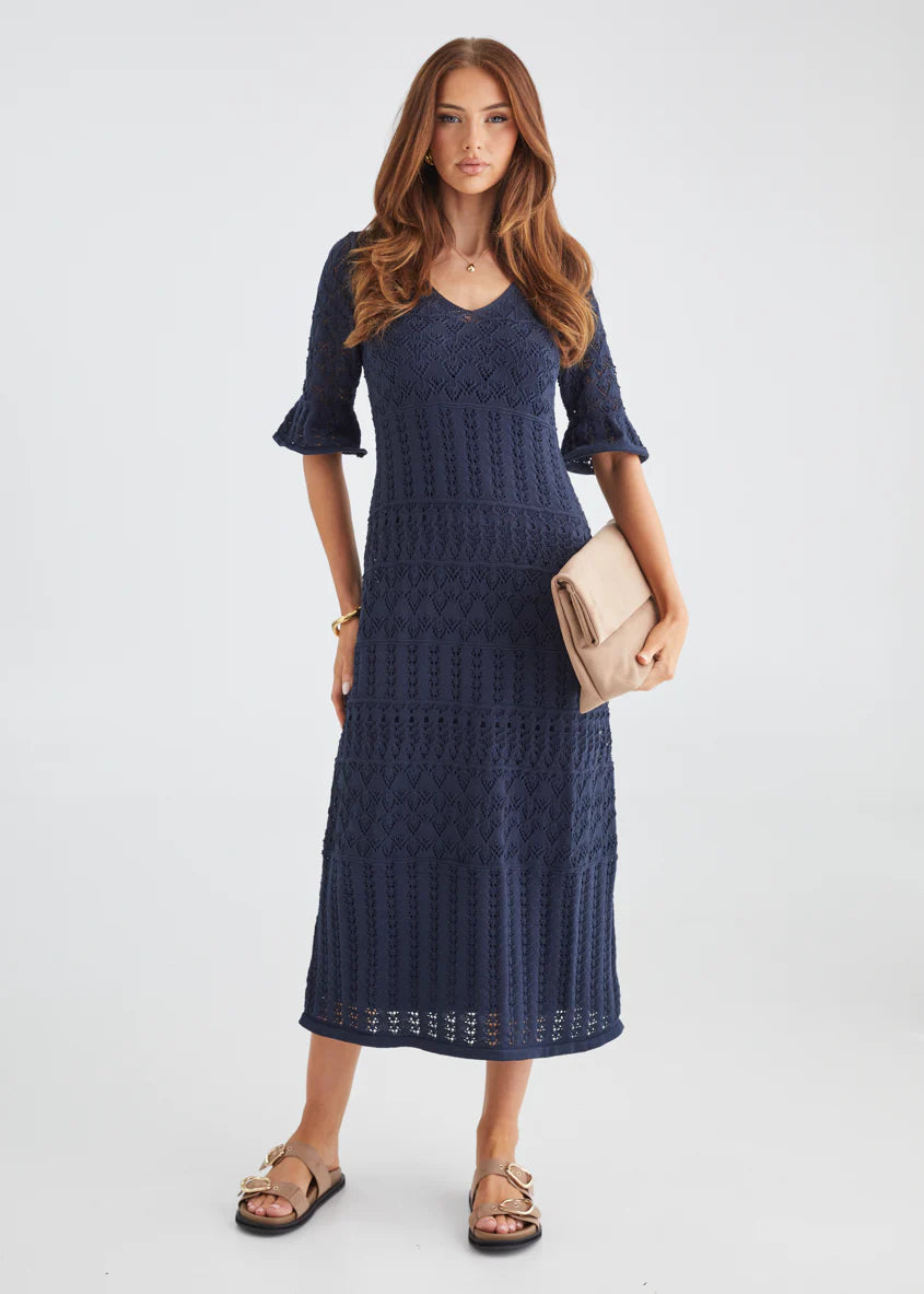 Estrela Crochet Midi Dress - Navy