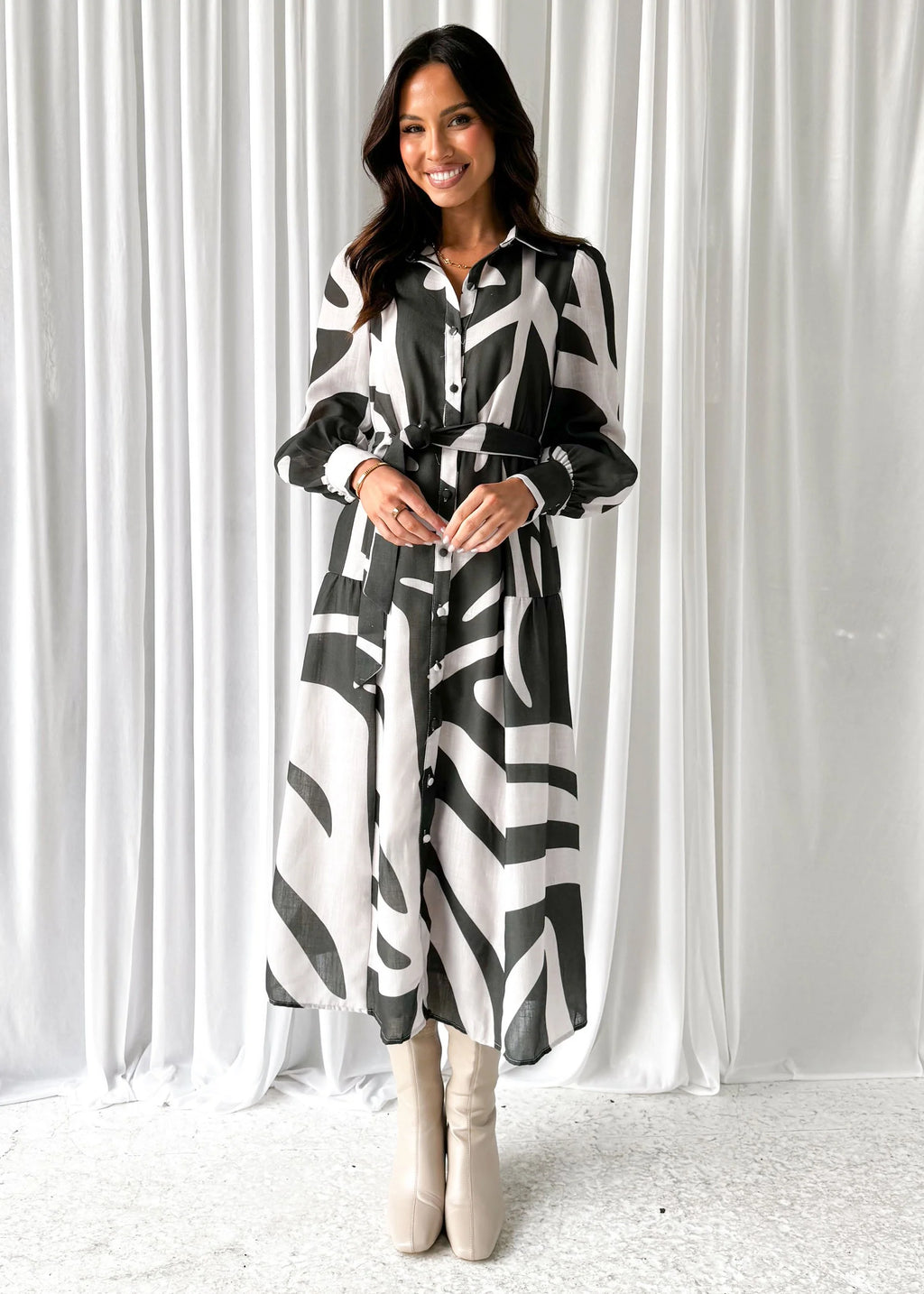 Jovie Midi Dress - Khaki Abstract