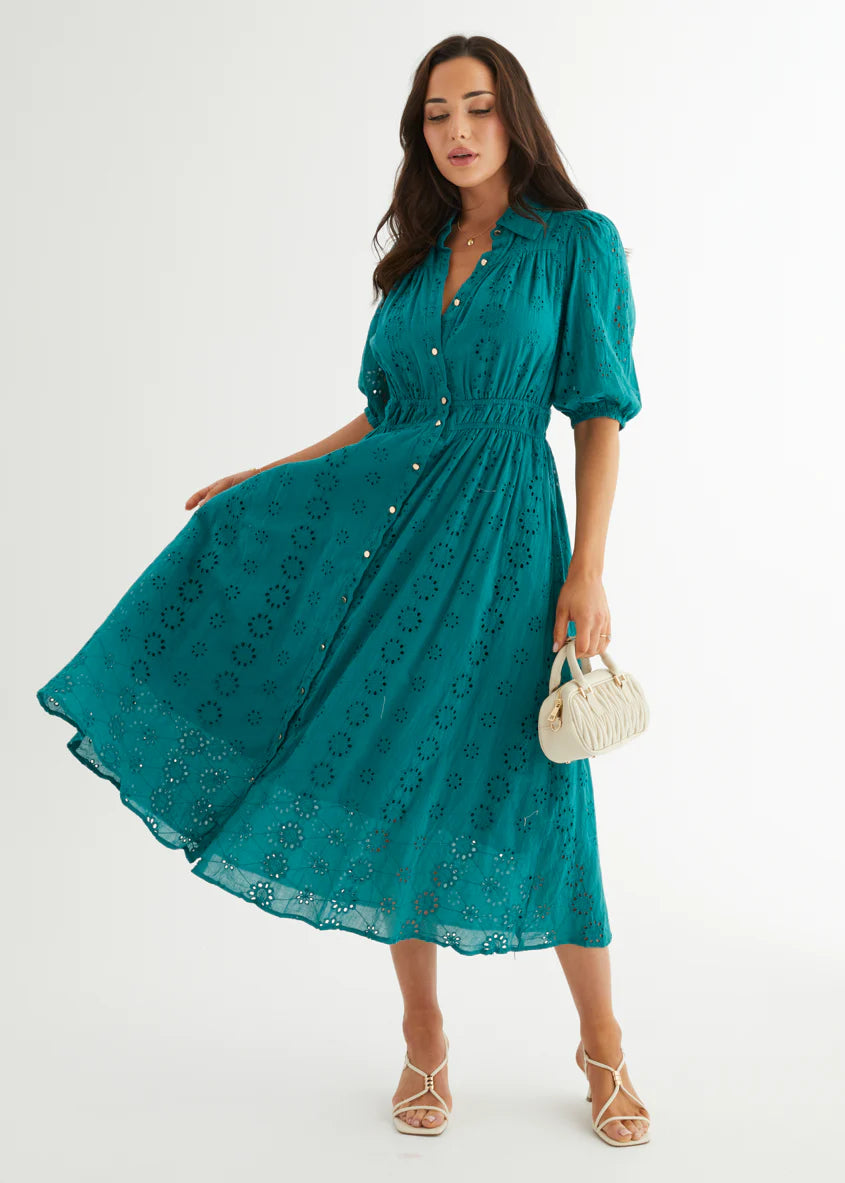 Eryn Midi Dress - Teal Anglaise