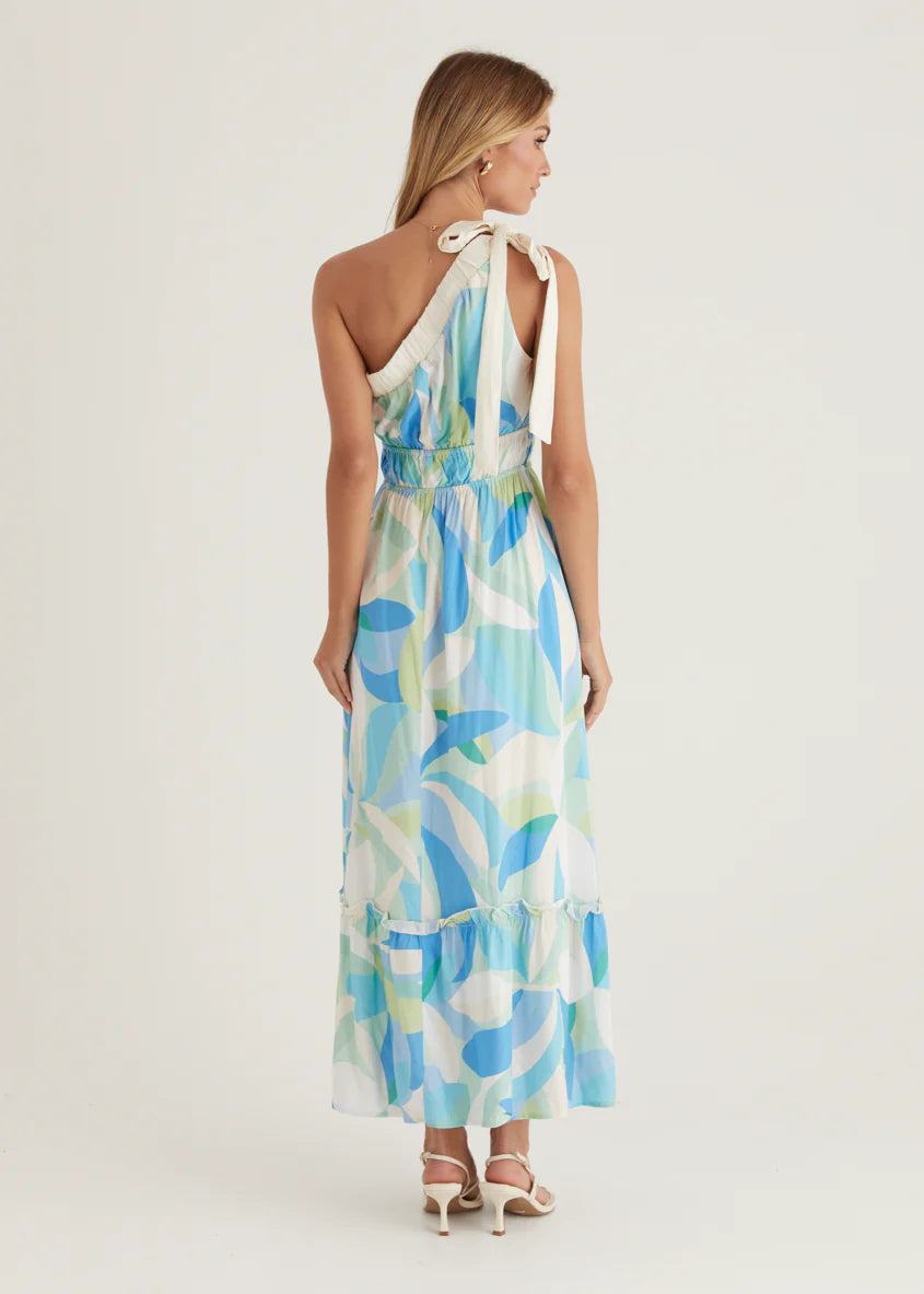 Rainfall One Shoulder Maxi Dress - Blue Abstract