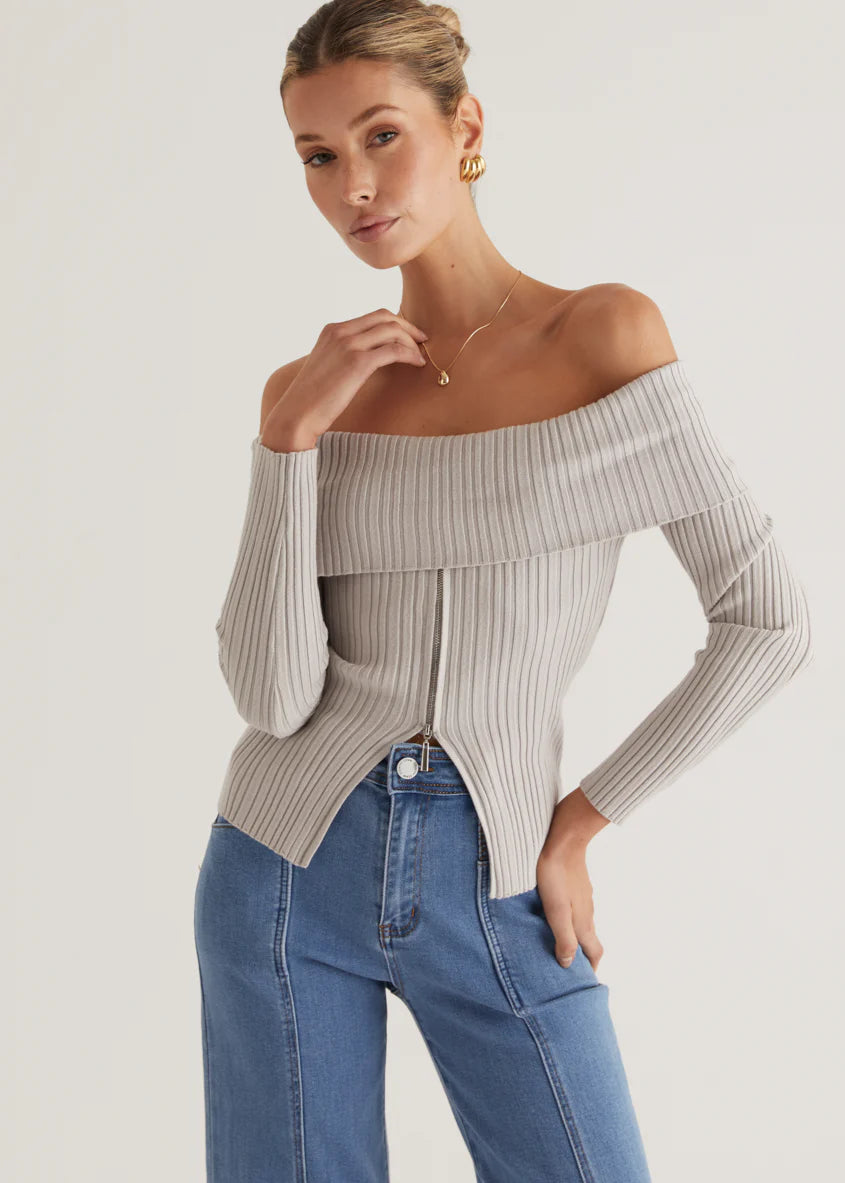 Ember Off Shoulder Knit Top - Stone