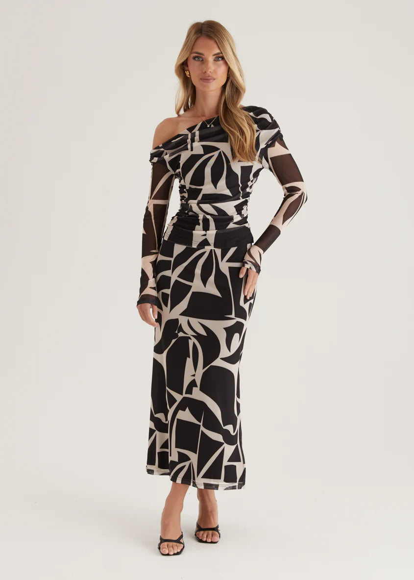 Mimi Mesh Maxi Skirt - Black Abstract