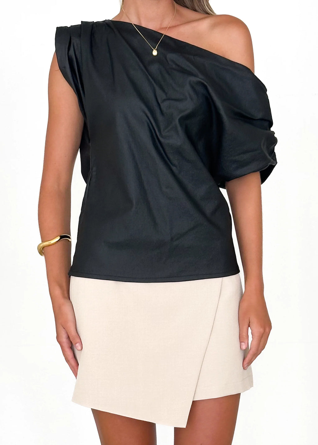 Inka One Shoulder Coated Top - Black