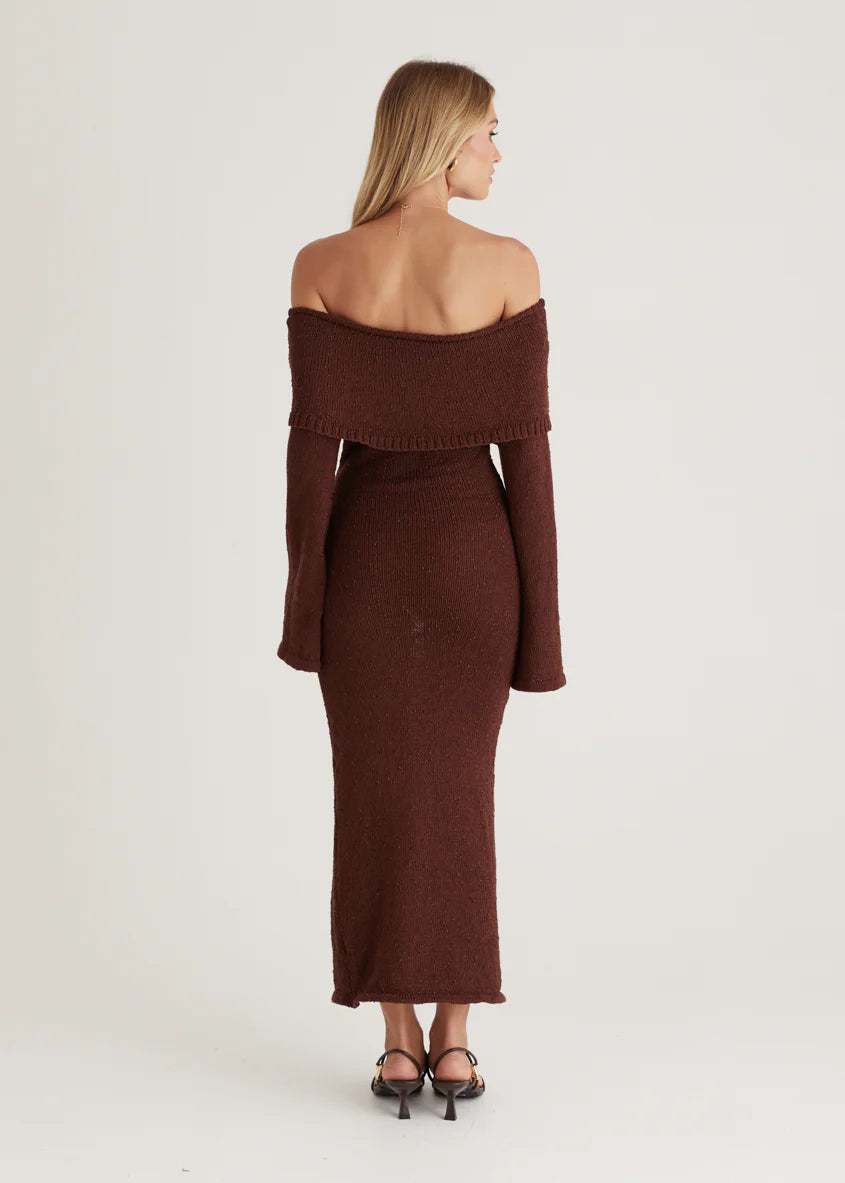 Sky Off Shoulder Knit Midi Dress - Chocolate