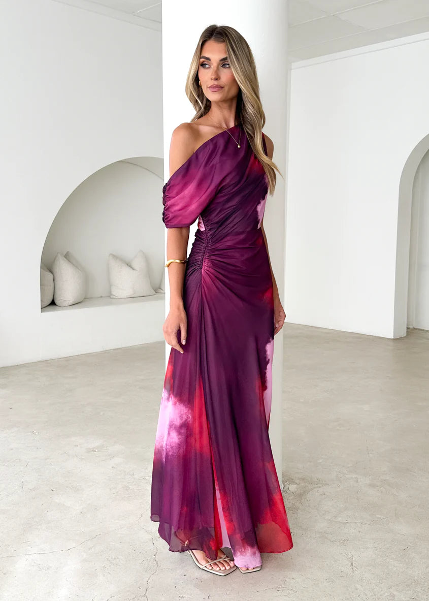 Byron One Shoulder Maxi Dress - Plum Tie Dye