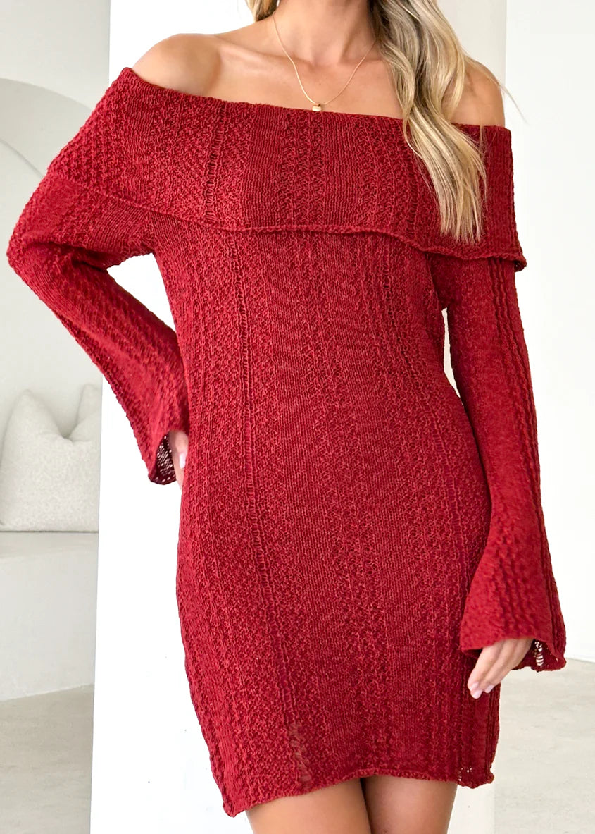 Luna Off Shoulder Knit Dress - Maroon