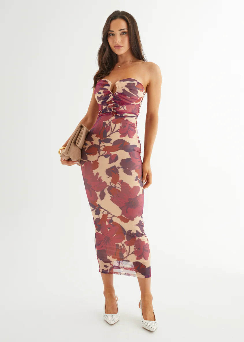 May Strapless Mesh Midi Dress - Mulberry Floral