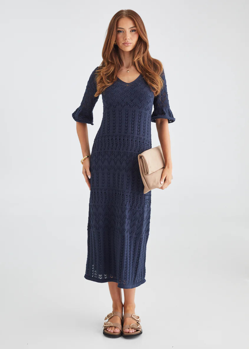 Estrela Crochet Midi Dress - Navy