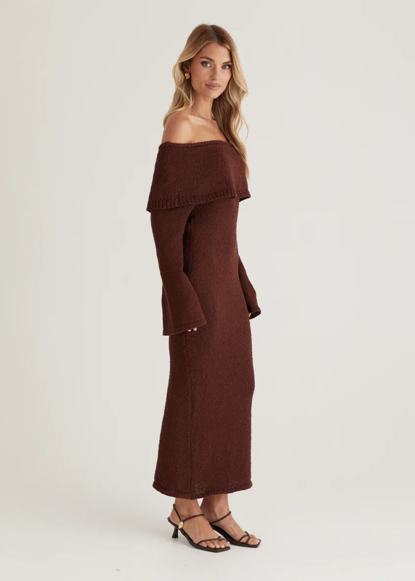 Sky Off Shoulder Knit Midi Dress - Chocolate