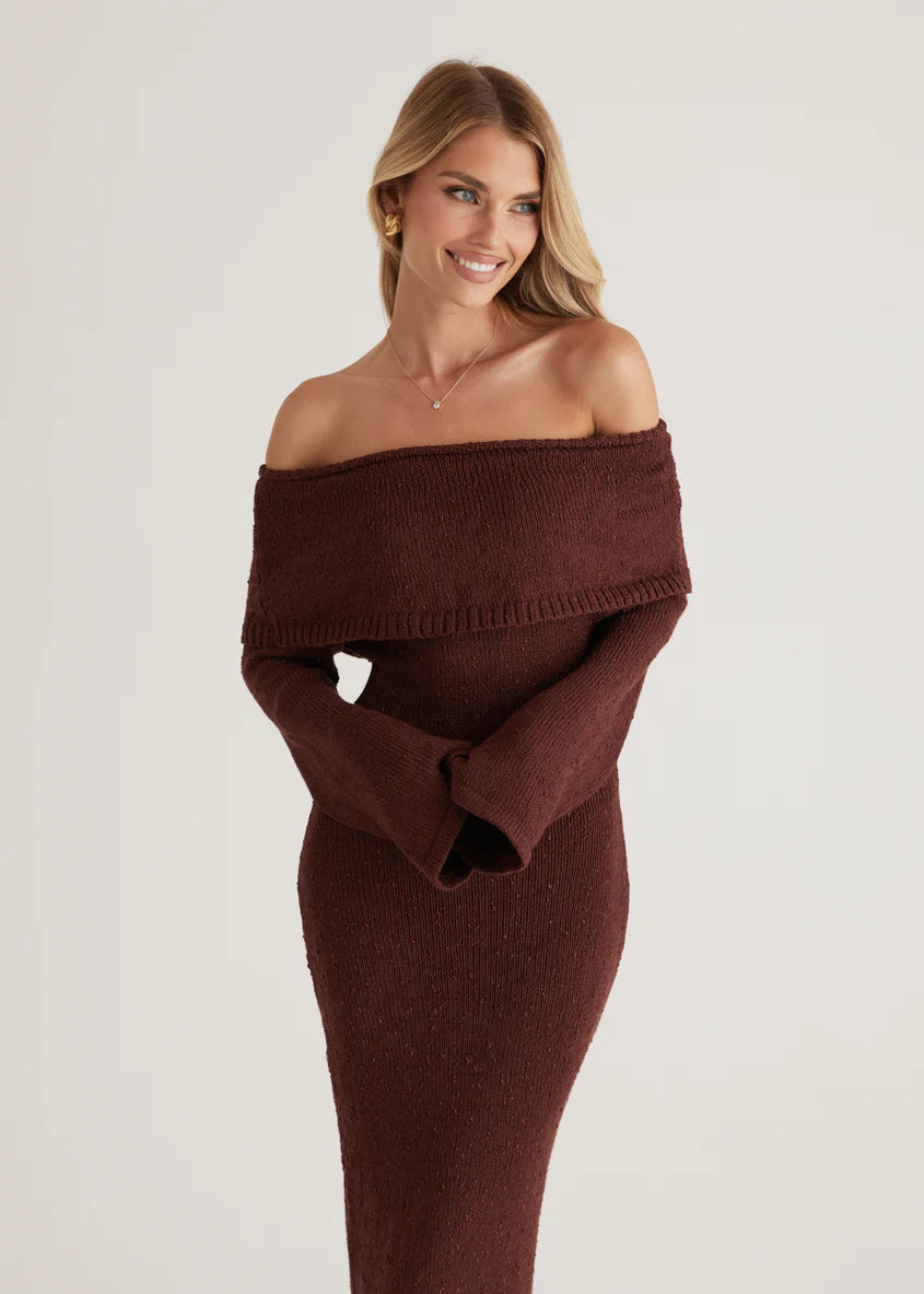 Sky Off Shoulder Knit Midi Dress - Chocolate