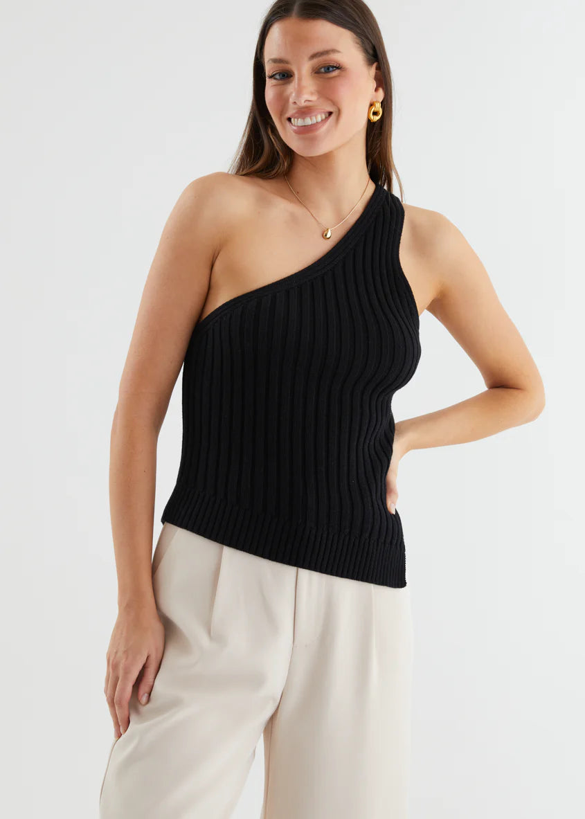 Natalee One Shoulder Knit Top - Black