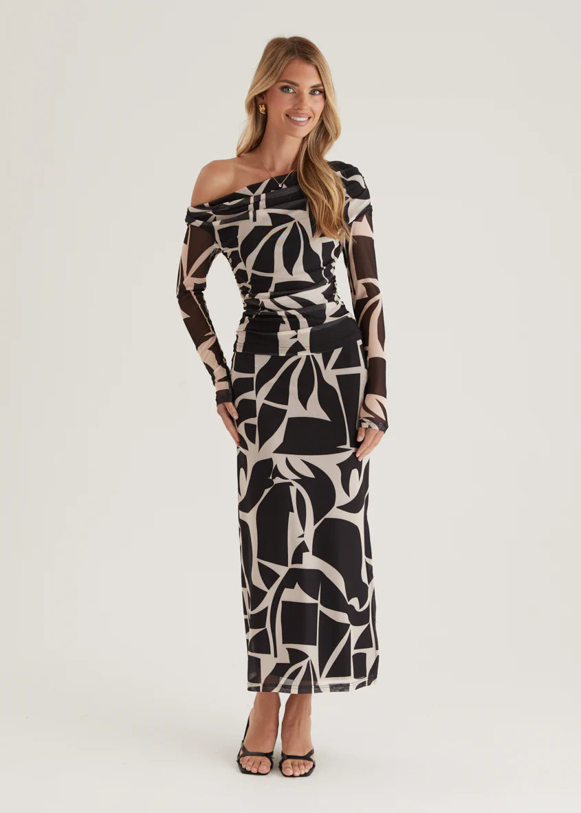 Mimi Mesh Maxi Skirt - Black Abstract