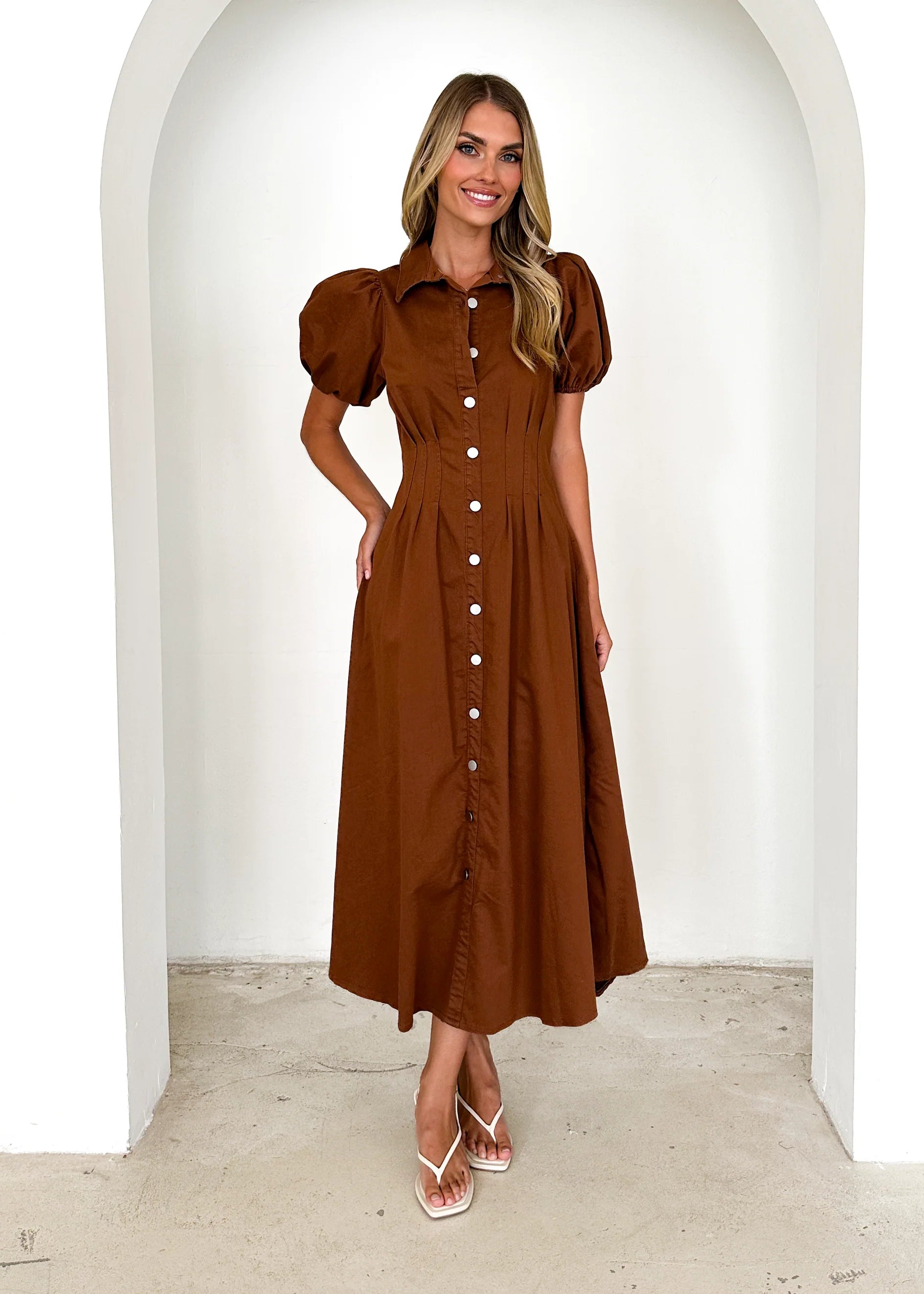 Acer Denim Midi Dress - Brown
