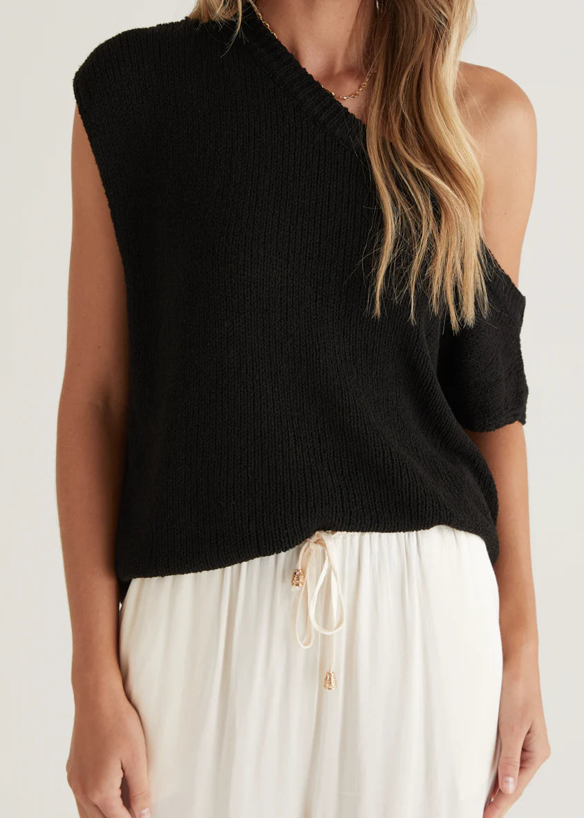 Casoni One Shoulder Knit Top - Black