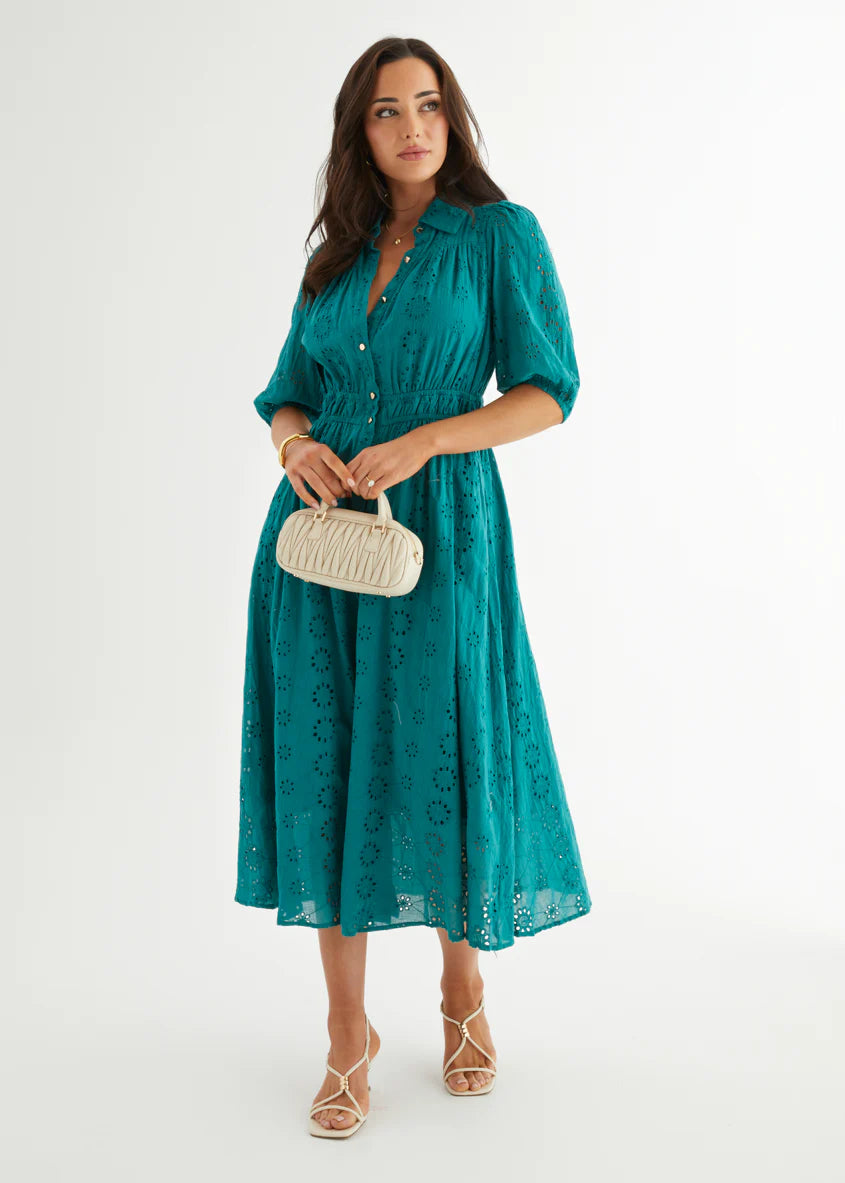 Eryn Midi Dress - Teal Anglaise