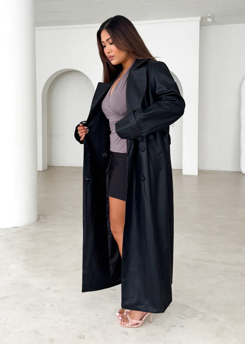 Chanti PU Trench Coat - Black