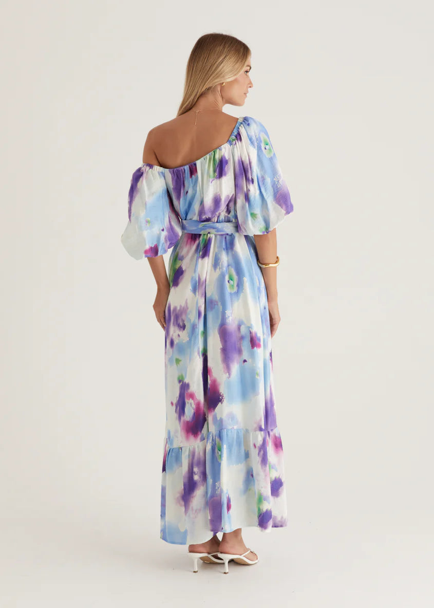 Halia Off Shoulder Midi Dress - Violet Watercolour