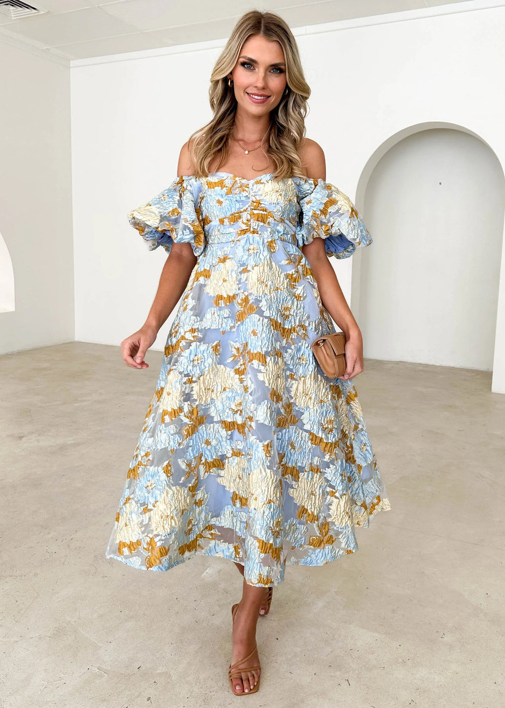 Tulliah Off Shoulder Midi Dress - Blue Jacquard