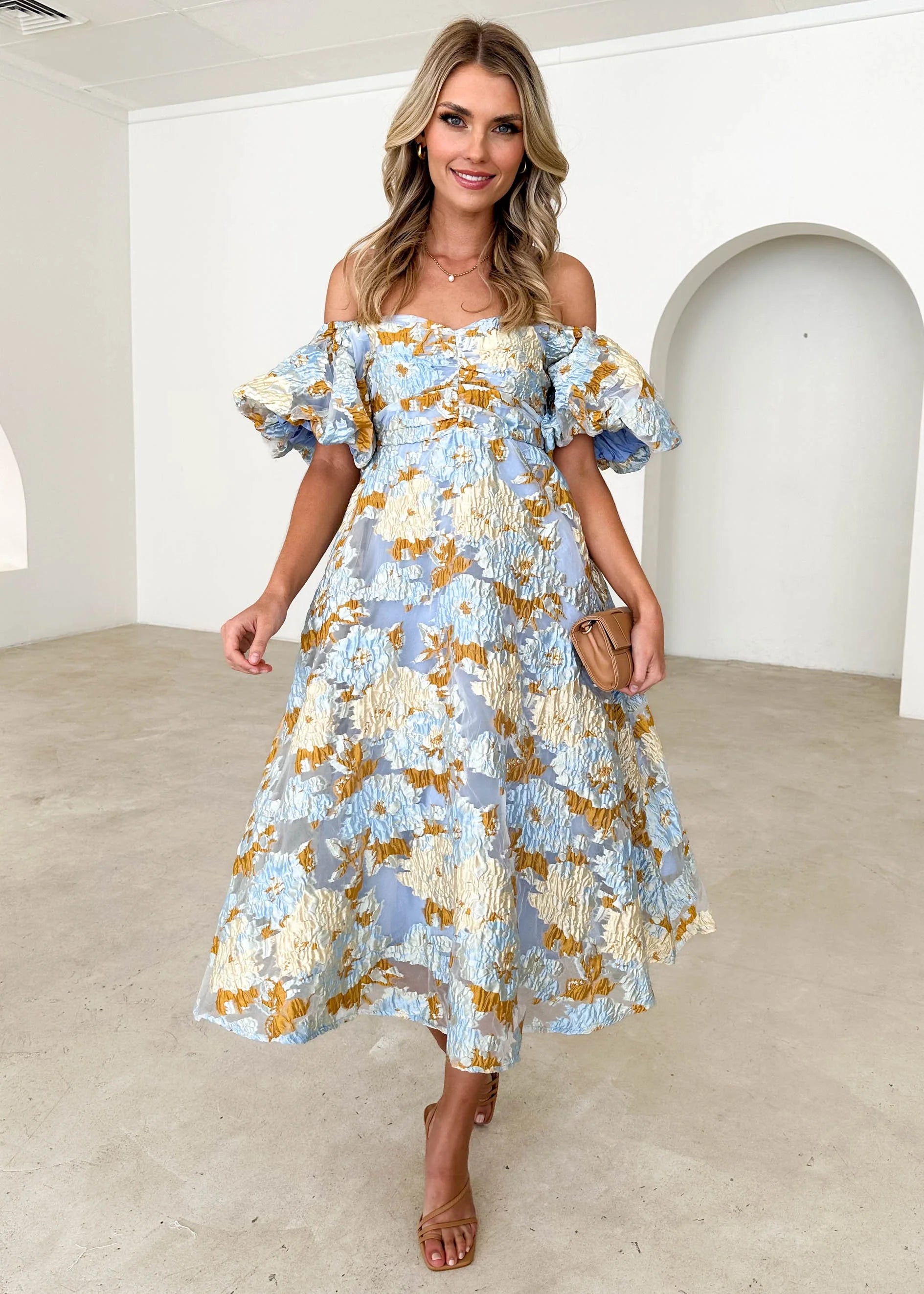 Tulliah Off Shoulder Midi Dress - Blue Jacquard