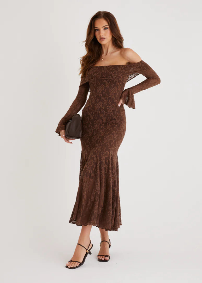 Cabo Off Shoulder Lace Maxi Dress - Chocolate