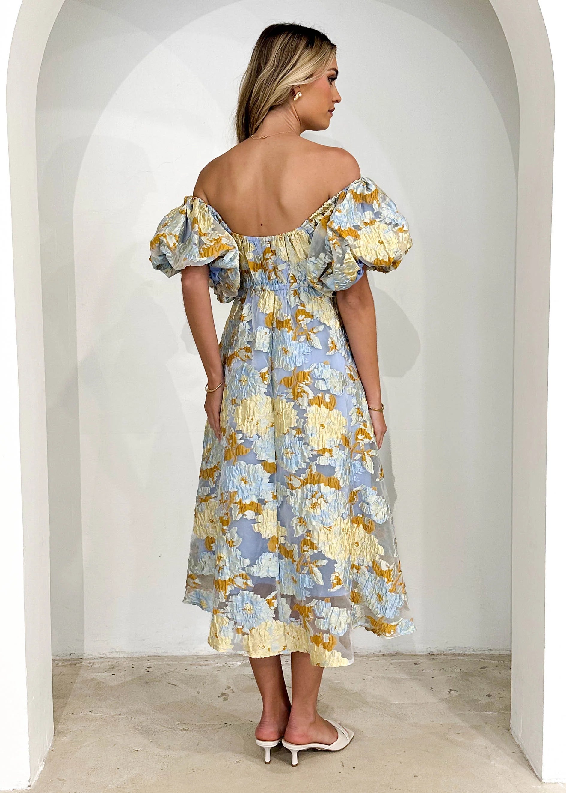 Tulliah Off Shoulder Midi Dress - Blue Jacquard